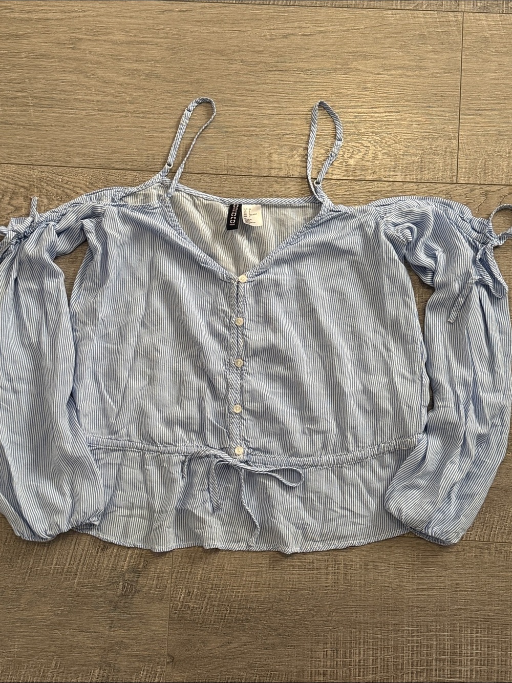 H&M Blue and White Striped Cold-Shoulder Tie-Front Blouse